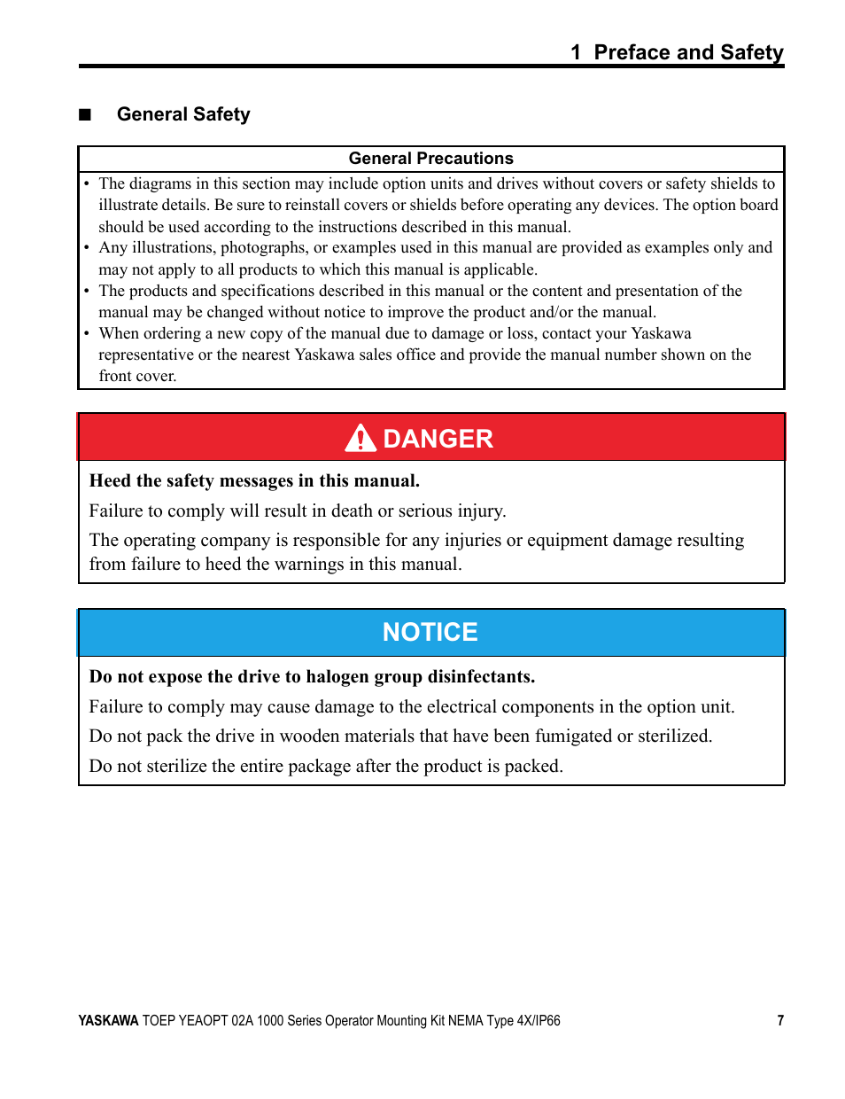 Danger, Notice | Yaskawa 1000 Series Operator Mounting Kit NEMA Type 4X User Manual | Page 7 / 20