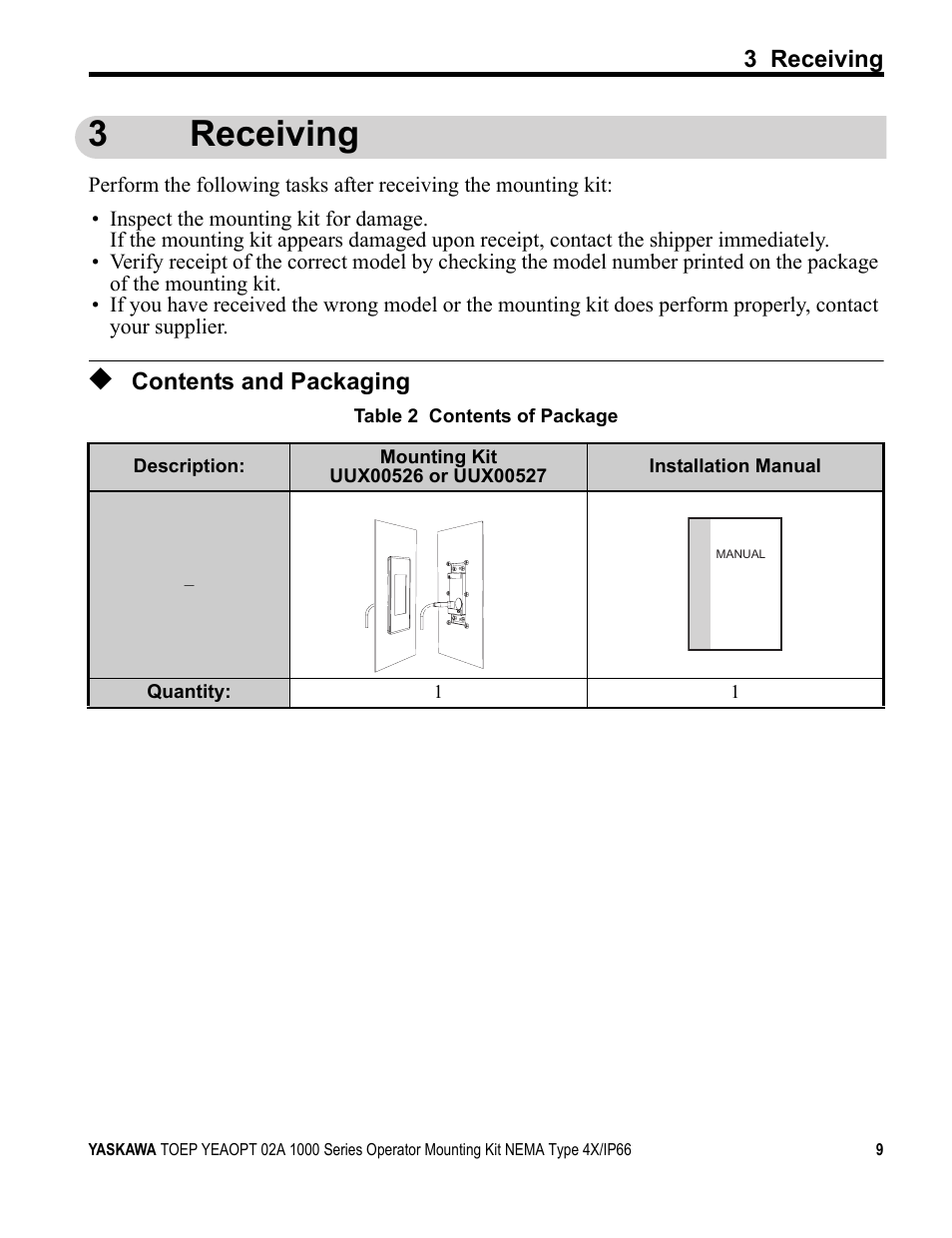 3 receiving, Contents and packaging, 3receiving | Yaskawa 1000 Series Operator Mounting Kit NEMA Type 4X User Manual | Page 9 / 20