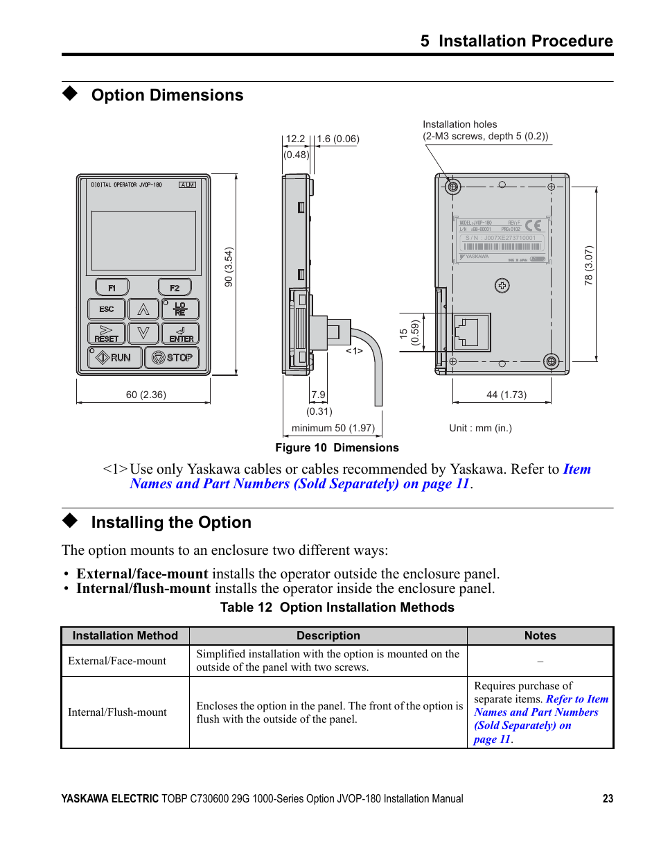 Option dimensions, Installing the option, 5 installation procedure | Yaskawa JVOP-180 LCD User Manual | Page 23 / 58