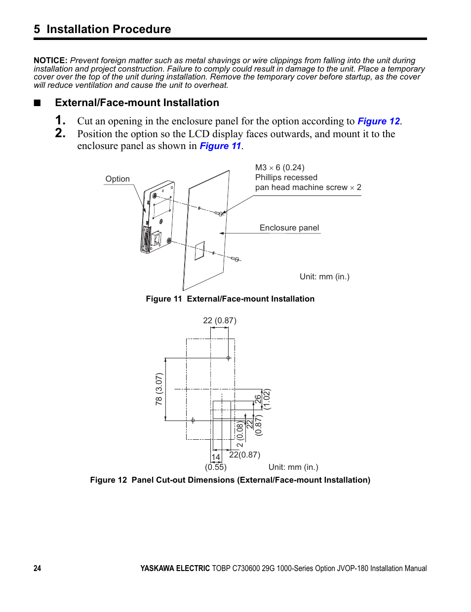 5 installation procedure, External/face-mount installation | Yaskawa JVOP-180 LCD User Manual | Page 24 / 58