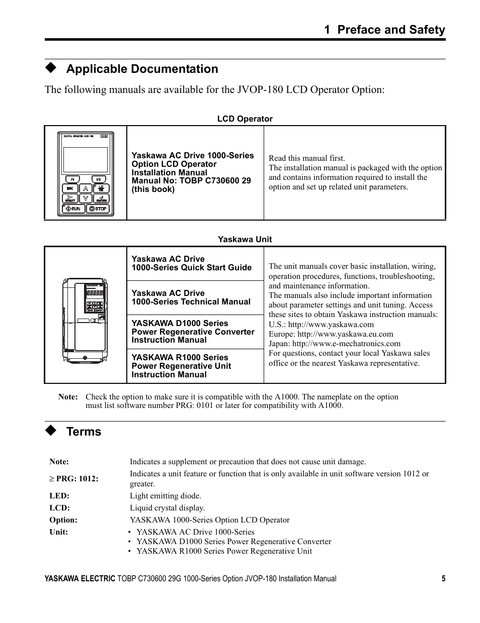 Applicable documentation, Terms, 1 preface and safety | Yaskawa JVOP-180 LCD User Manual | Page 5 / 58