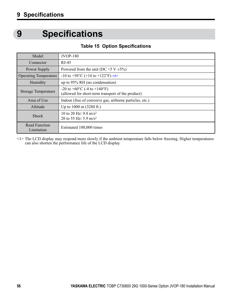 9 specifications, 9specifications | Yaskawa JVOP-180 LCD User Manual | Page 56 / 58