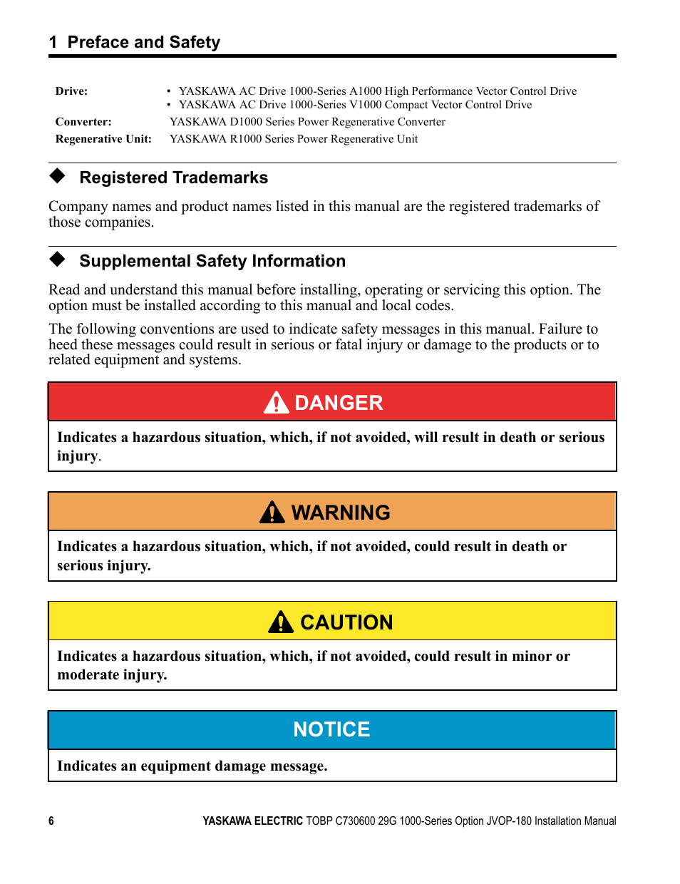 Registered trademarks, Supplemental safety information, Danger | W arning, Caution, Notice | Yaskawa JVOP-180 LCD User Manual | Page 6 / 58