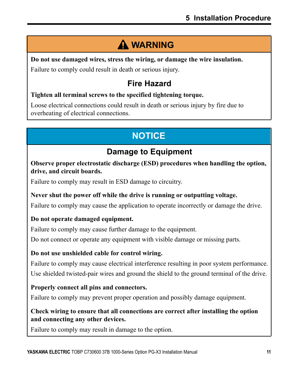 Notice, W arning, Fire hazard | Damage to equipment | Yaskawa PG-X3 Line Driver User Manual | Page 10 / 31