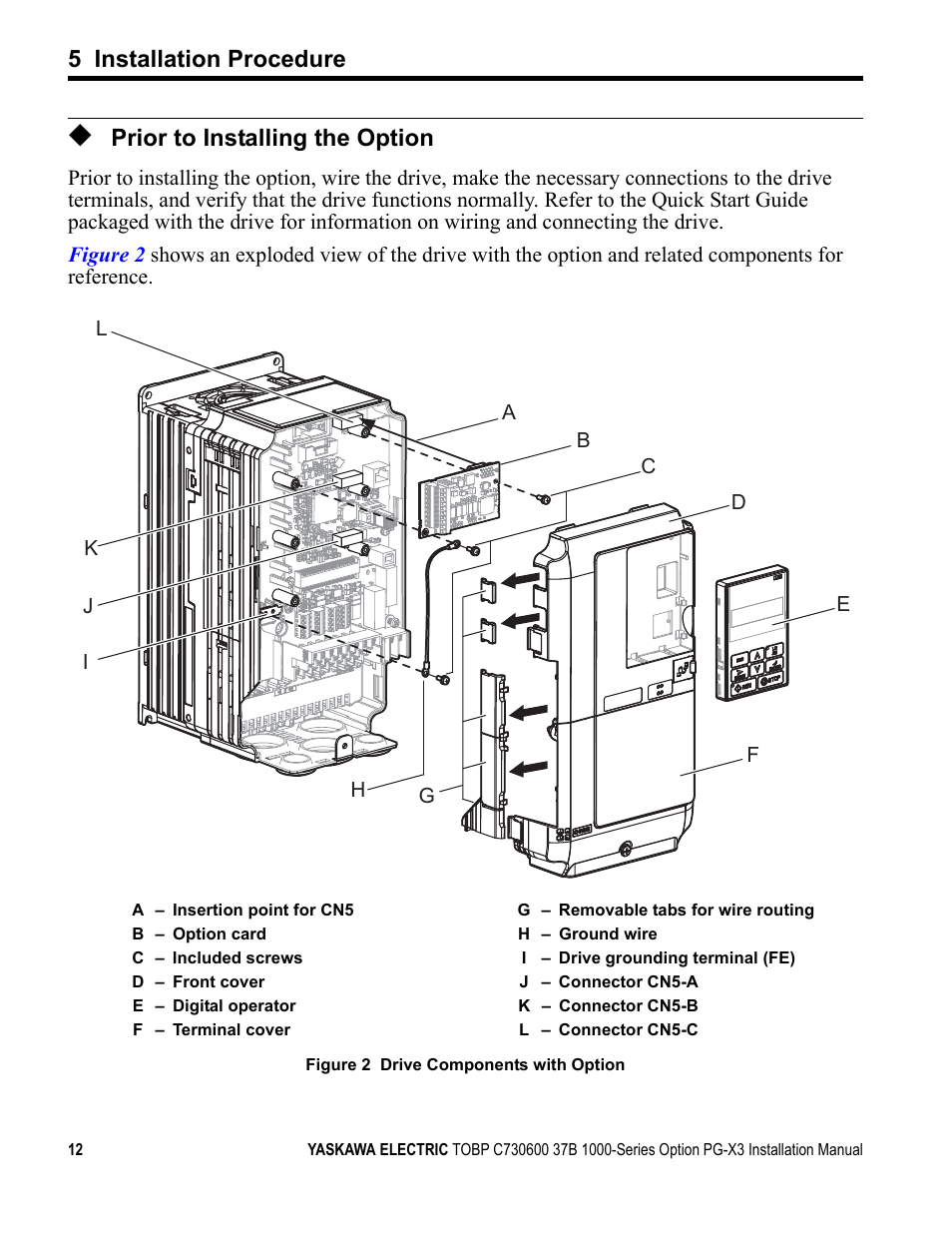 Prior to installing the option, 5 installation procedure | Yaskawa PG-X3 Line Driver User Manual | Page 11 / 31