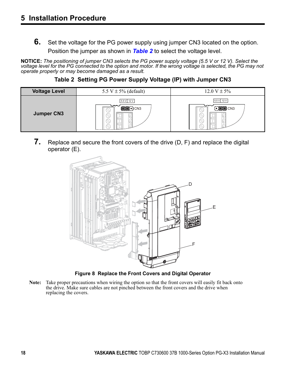 Table 2, Figure 8, 5 installation procedure | Yaskawa PG-X3 Line Driver User Manual | Page 17 / 31