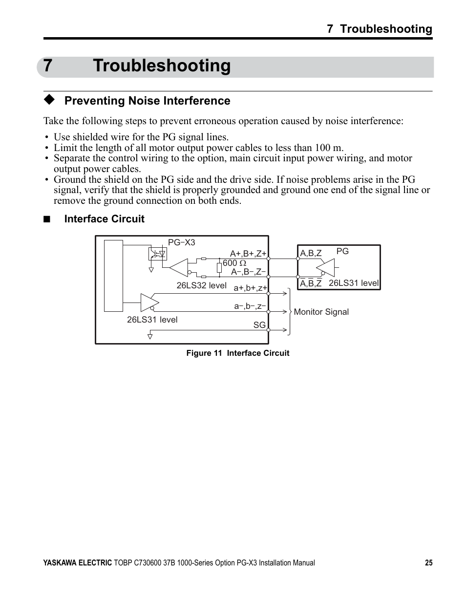 7 troubleshooting, Preventing noise interference, 7troubleshooting | Yaskawa PG-X3 Line Driver User Manual | Page 24 / 31