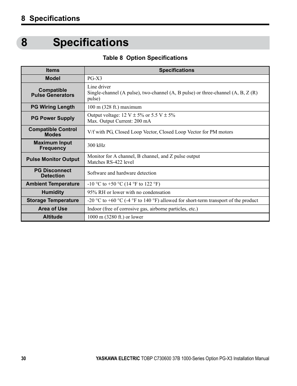 8 specifications, 8specifications | Yaskawa PG-X3 Line Driver User Manual | Page 29 / 31