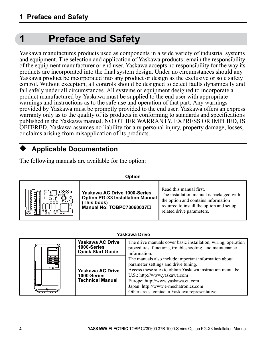 1 preface and safety, Applicable documentation, 1preface and safety | Yaskawa PG-X3 Line Driver User Manual | Page 3 / 31