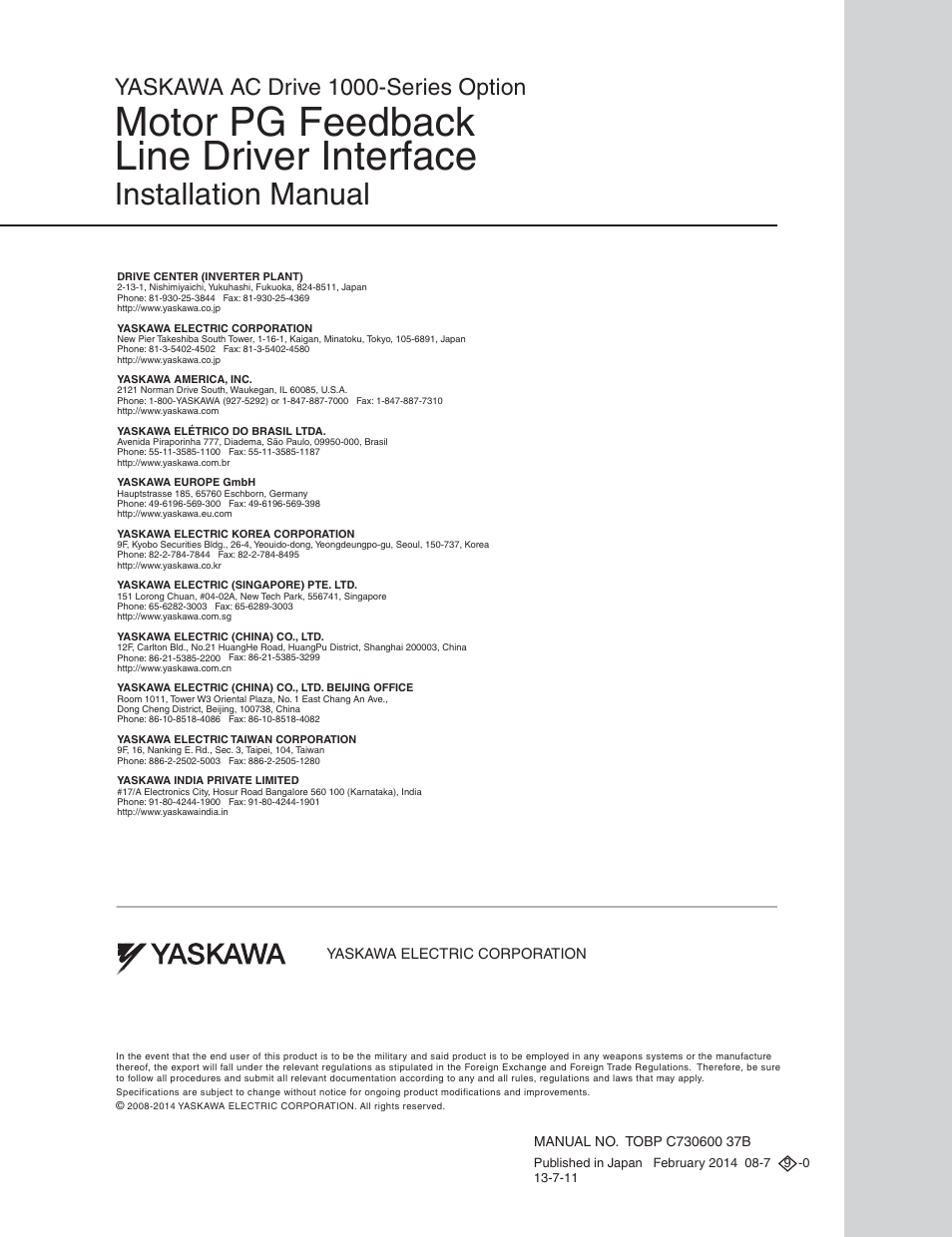 Back cover, Motor pg feedback line driver interface, Installation manual | Yaskawa ac drive 1000-series option | Yaskawa PG-X3 Line Driver User Manual | Page 31 / 31