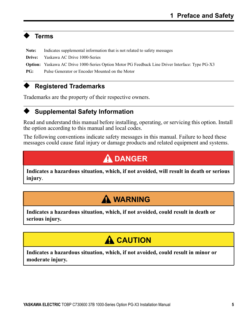 Terms, Registered trademarks, Supplemental safety information | Danger, W arning, Caution | Yaskawa PG-X3 Line Driver User Manual | Page 4 / 31