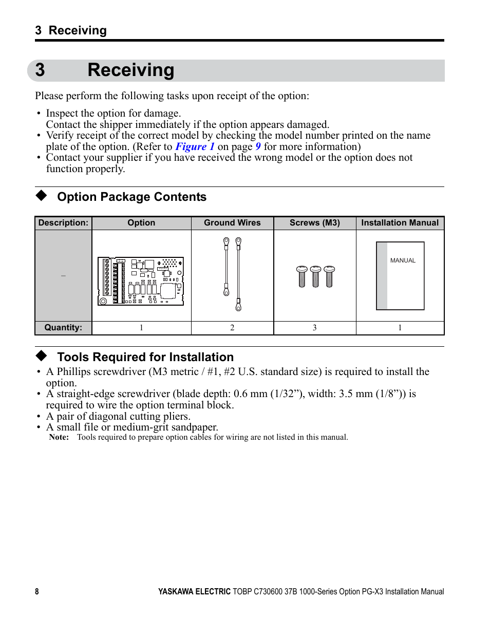 3 receiving, Option package contents, Tools required for installation | 3receiving | Yaskawa PG-X3 Line Driver User Manual | Page 7 / 31
