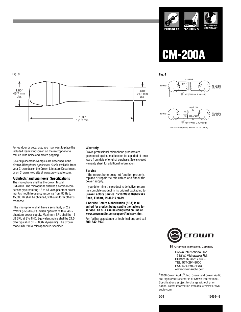 Cm-200a, Warranty, Architects’ and engineers’ specifi cations | Service | Crown Audio CM-200A User Manual | Page 2 / 2