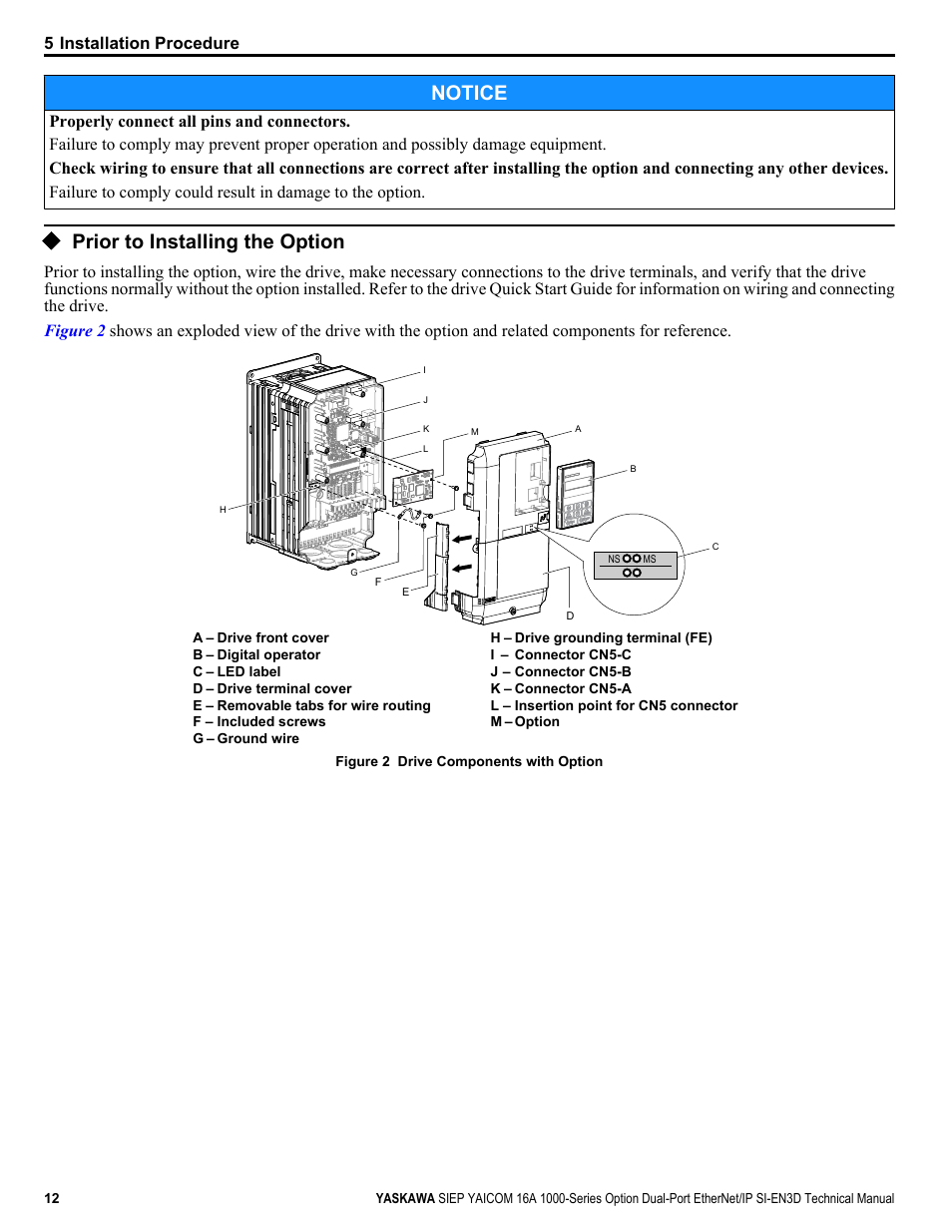 Prior to installing the option, Notice, 5 installation procedure | Yaskawa SI-EN3D User Manual | Page 12 / 68
