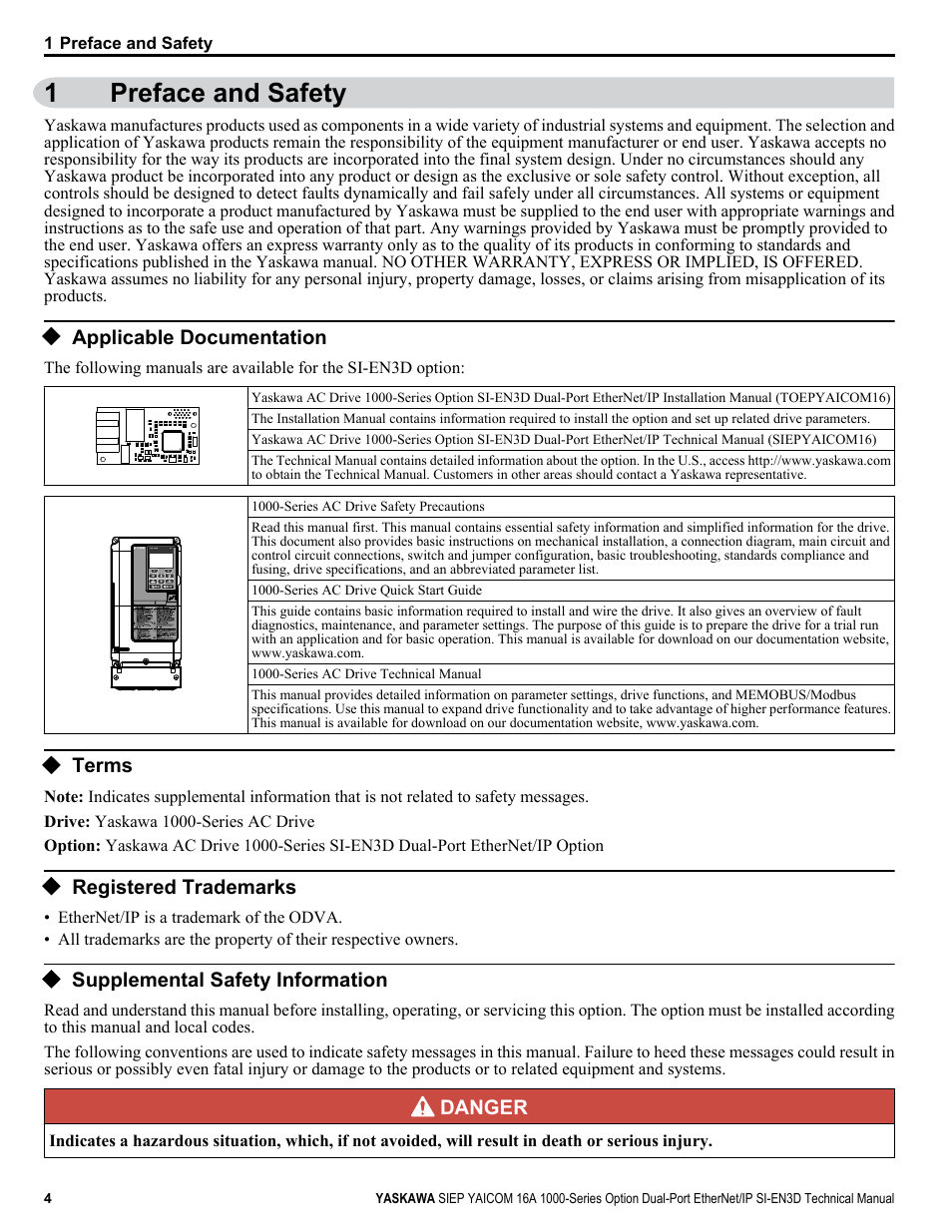 Preface and safety, Applicable documentation, Terms | Registered trademarks, Supplemental safety information, 1preface and safety | Yaskawa SI-EN3D User Manual | Page 4 / 68