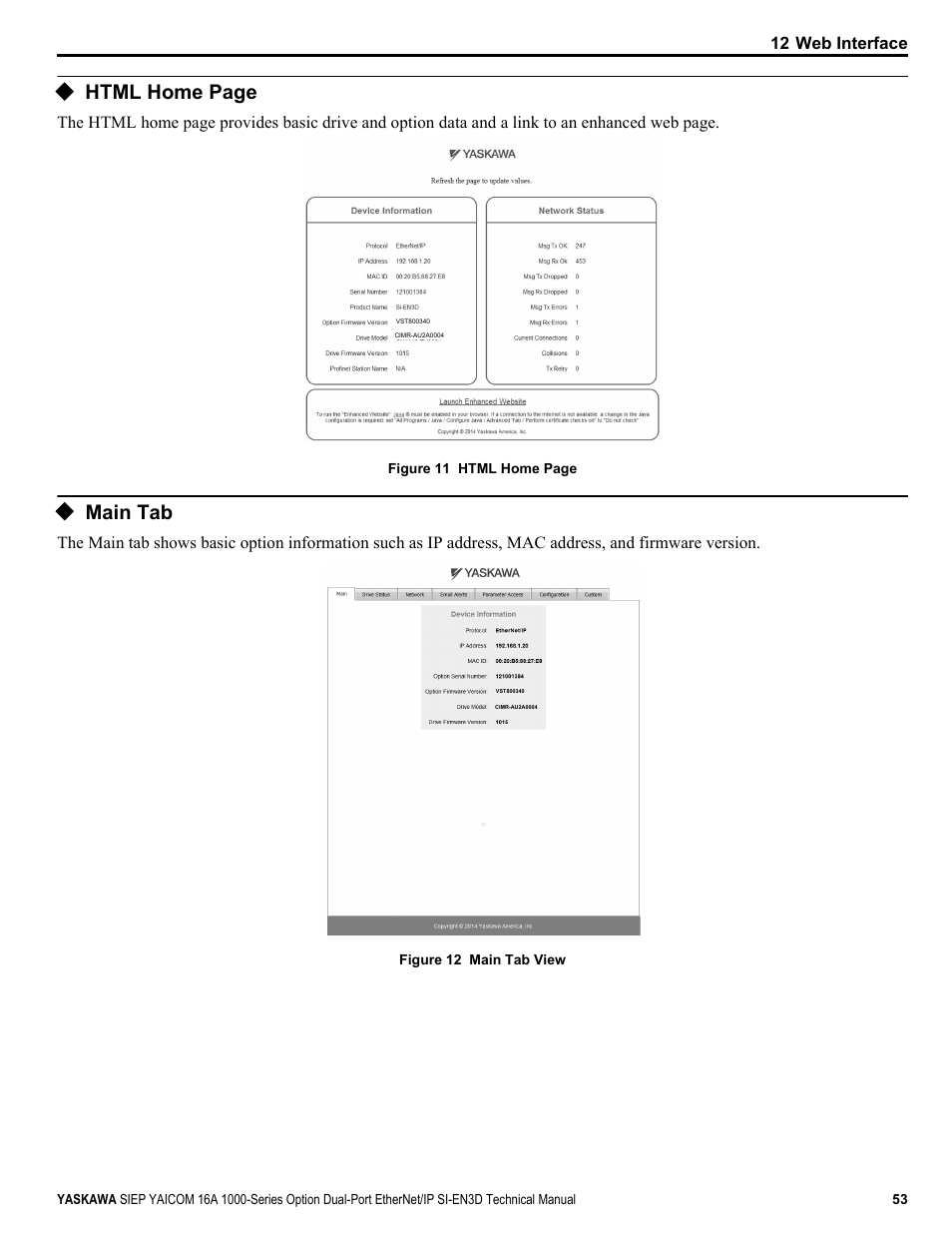 Main tab, Html home page | Yaskawa SI-EN3D User Manual | Page 53 / 68