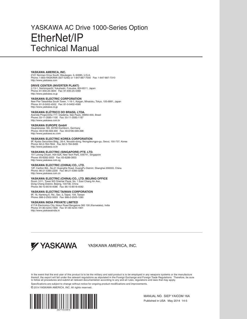 Ethernet/ip, Technical manual, Yaskawa ac drive 1000-series option | Yaskawa america, inc | Yaskawa SI-EN3D User Manual | Page 68 / 68