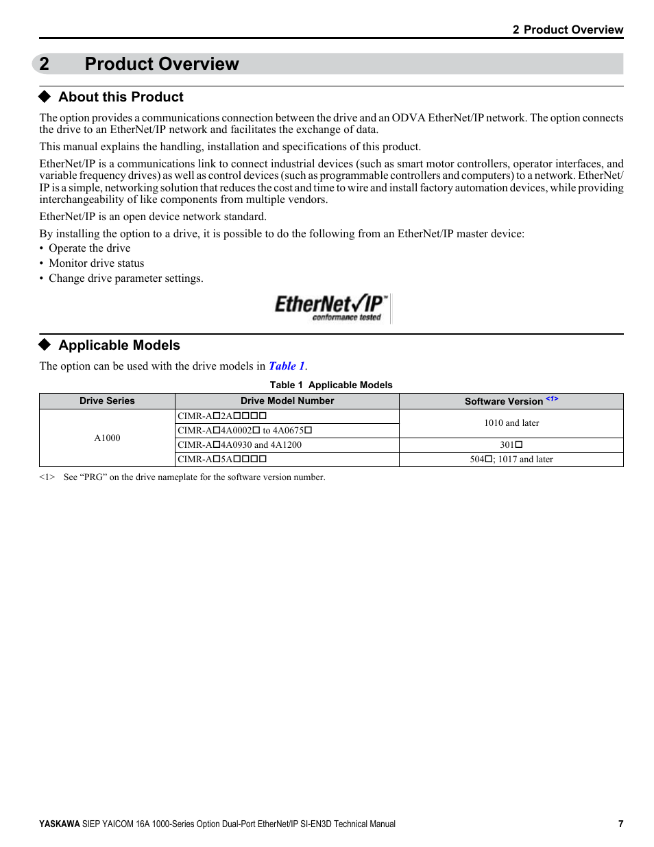 Product overview, About this product, Applicable models | 2product overview | Yaskawa SI-EN3D User Manual | Page 7 / 68