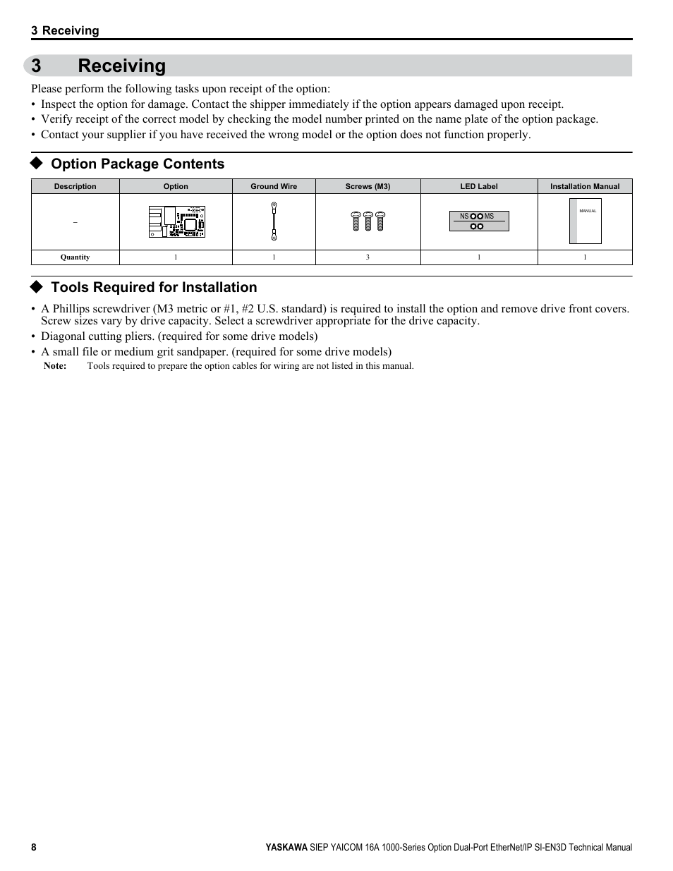 Receiving, Option package contents, Tools required for installation | 3receiving | Yaskawa SI-EN3D User Manual | Page 8 / 68