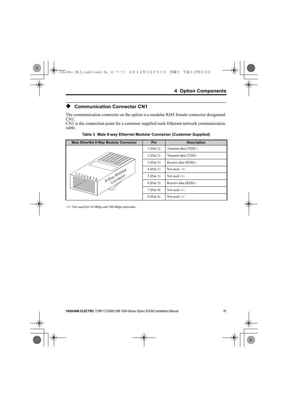 Communication connector cn1 | Yaskawa SI-EN3 Installation User Manual | Page 11 / 54