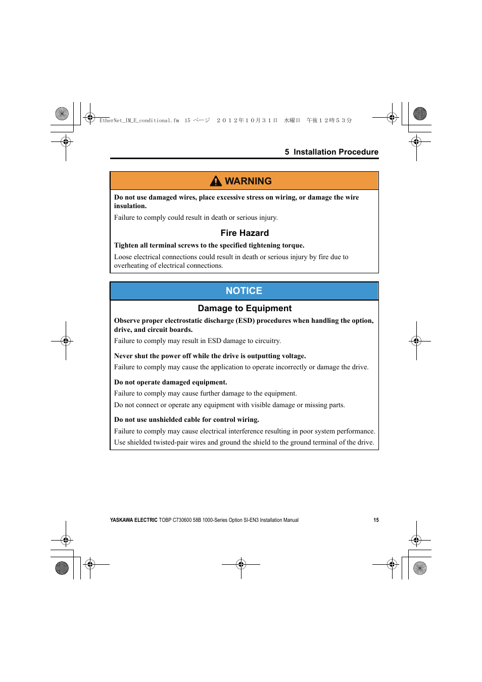 Notice, W arning | Yaskawa SI-EN3 Installation User Manual | Page 15 / 54