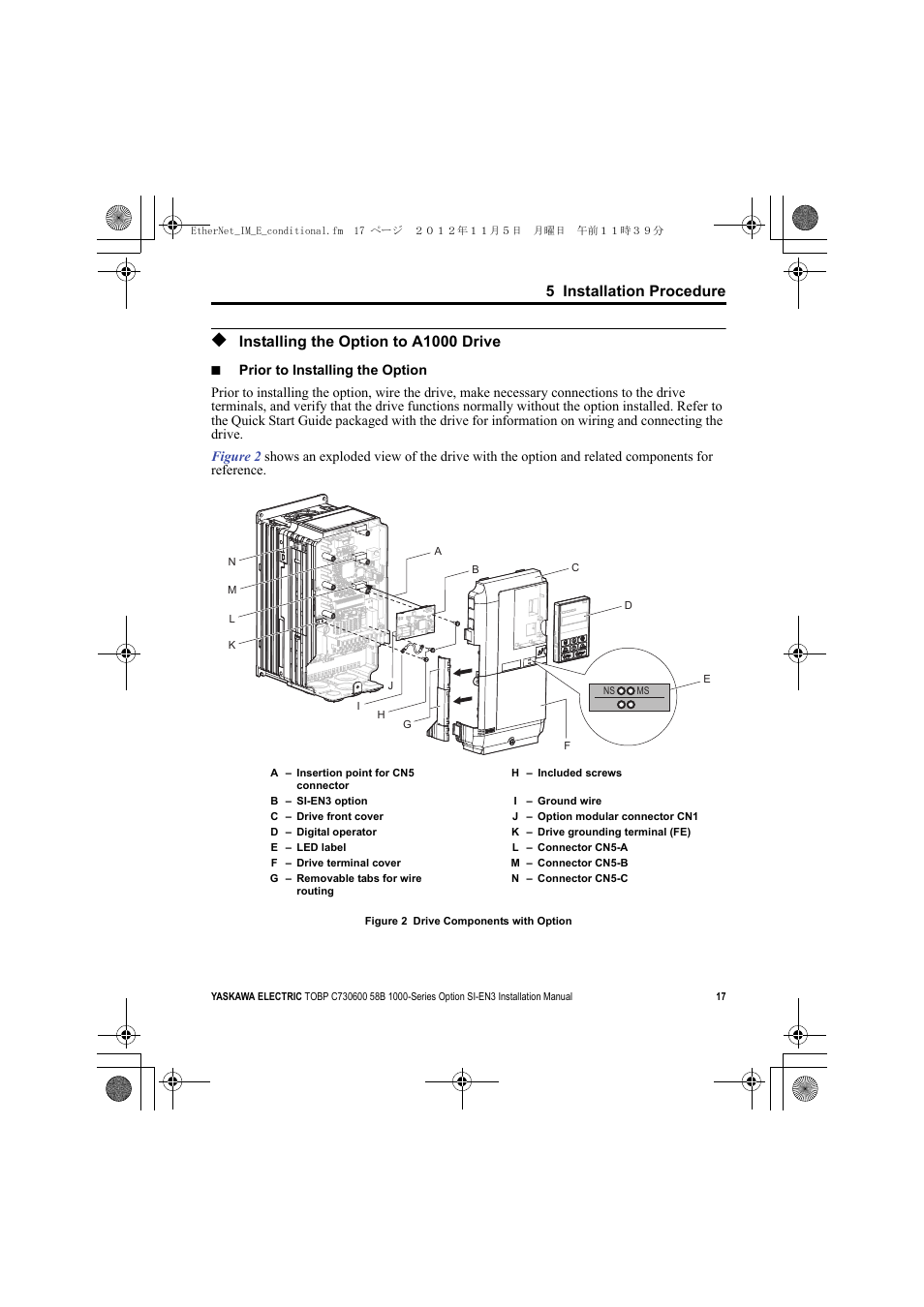 Installing the option to a1000 drive, A1000 | Yaskawa SI-EN3 Installation User Manual | Page 17 / 54