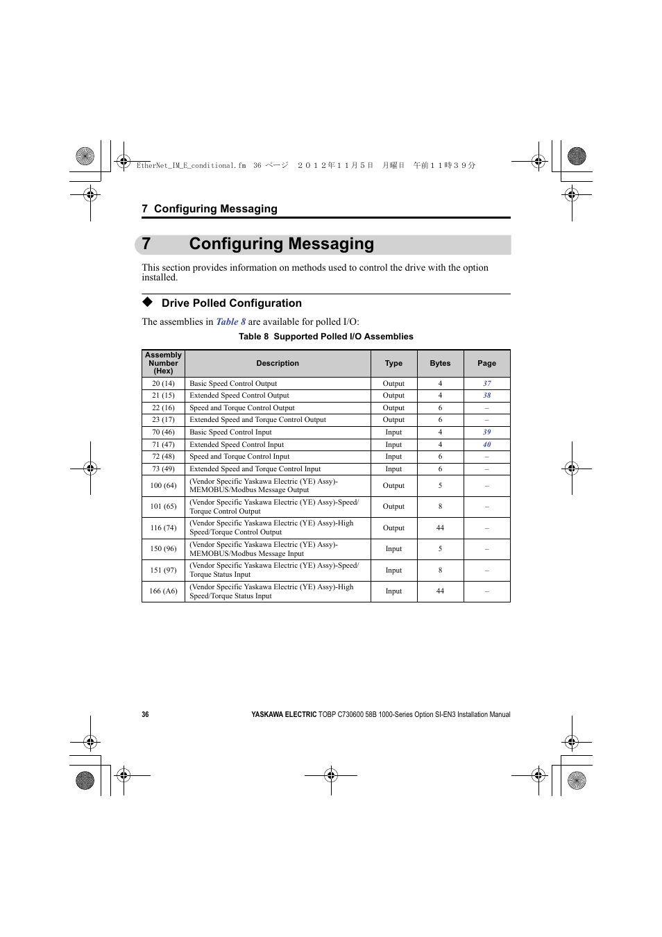 7 configuring messaging, Drive polled configuration, 7configuring messaging | Yaskawa SI-EN3 Installation User Manual | Page 36 / 54