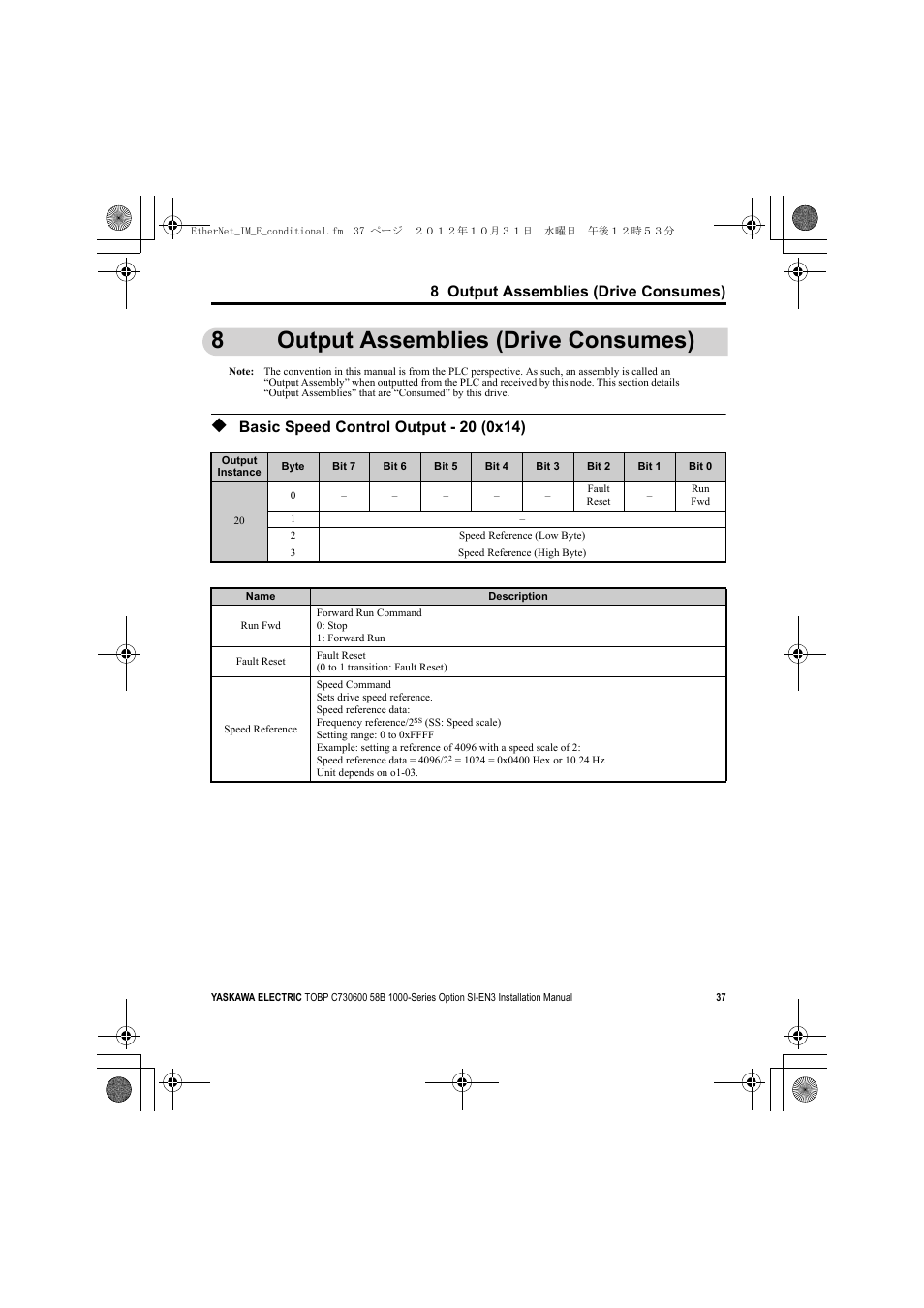 8 output assemblies (drive consumes), Basic speed control output - 20 (0x14), 8output assemblies (drive consumes) | Yaskawa SI-EN3 Installation User Manual | Page 37 / 54