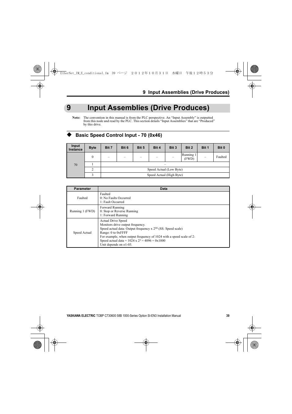 9 input assemblies (drive produces), Basic speed control input - 70 (0x46), 9input assemblies (drive produces) | Yaskawa SI-EN3 Installation User Manual | Page 39 / 54