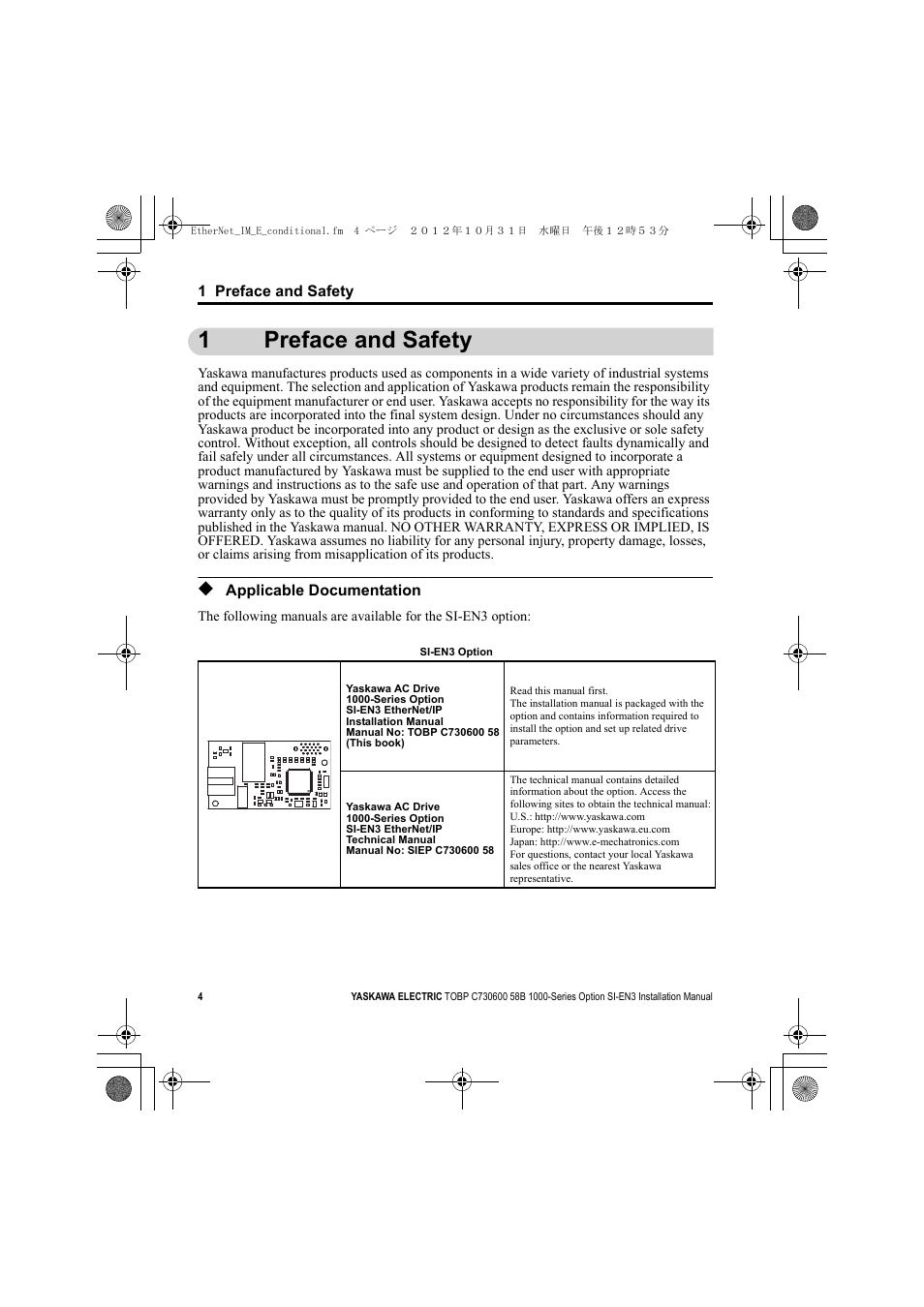 1 preface and safety, Applicable documentation, 1preface and safety | Yaskawa SI-EN3 Installation User Manual | Page 4 / 54