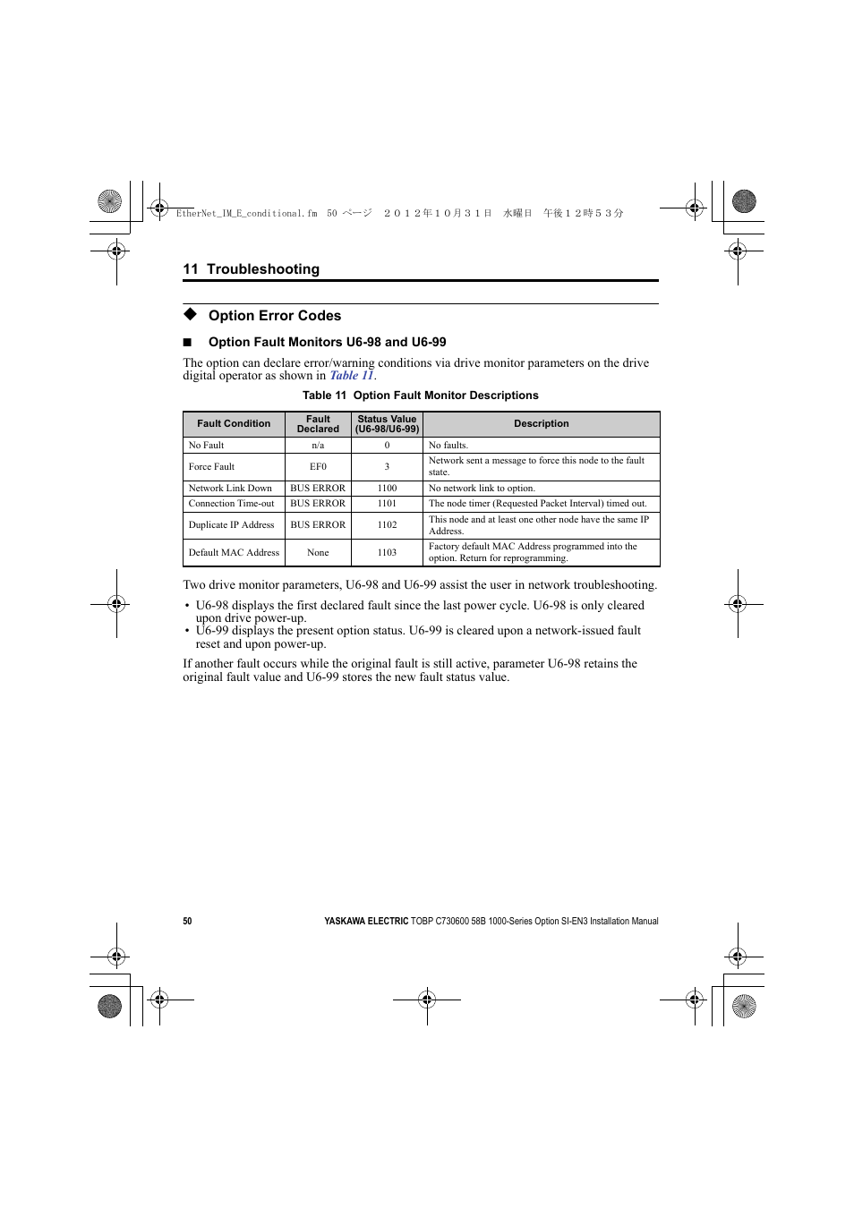 Option error codes | Yaskawa SI-EN3 Installation User Manual | Page 50 / 54