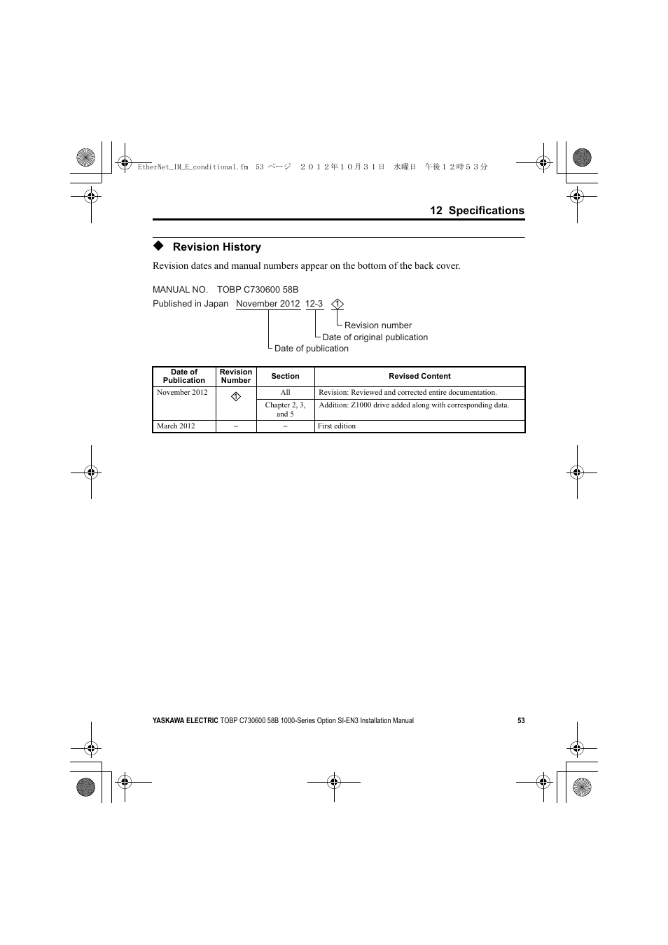 Revision history, A1000 | Yaskawa SI-EN3 Installation User Manual | Page 53 / 54