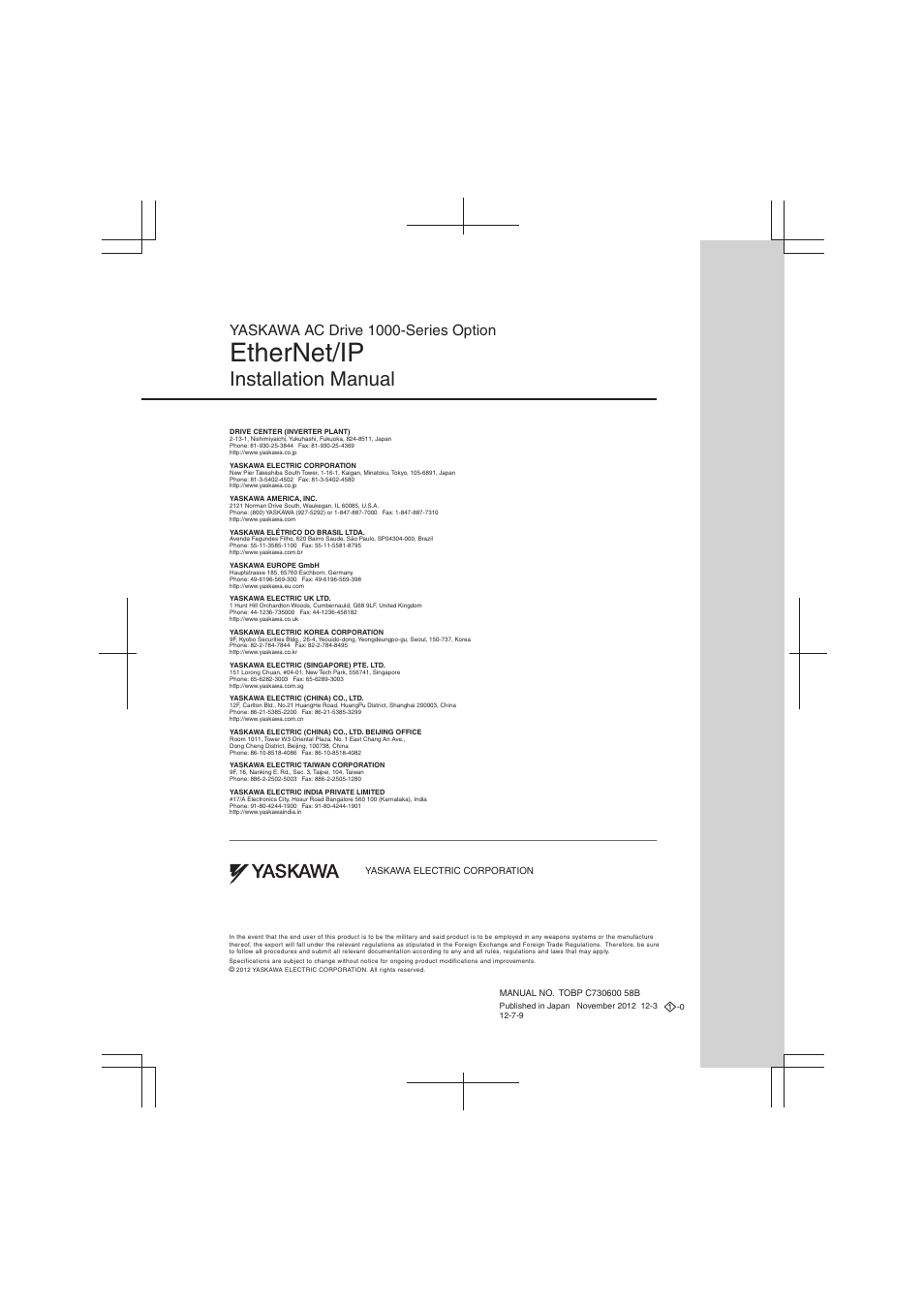 Back cover, Ethernet/ip, Installation manual | Yaskawa ac drive 1000-series option | Yaskawa SI-EN3 Installation User Manual | Page 54 / 54