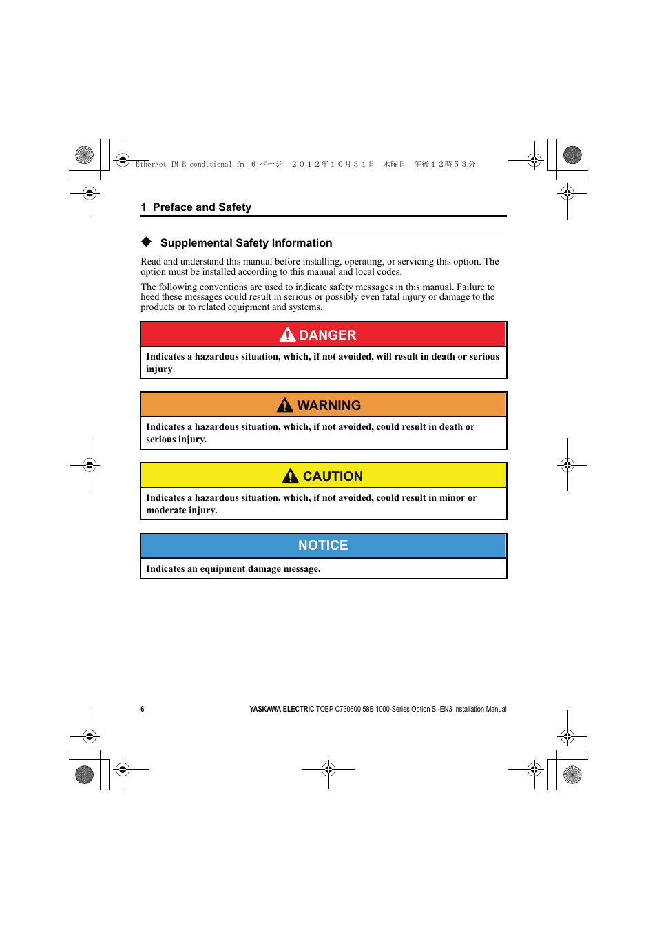 Supplemental safety information, Danger, W arning | Caution, Notice | Yaskawa SI-EN3 Installation User Manual | Page 6 / 54