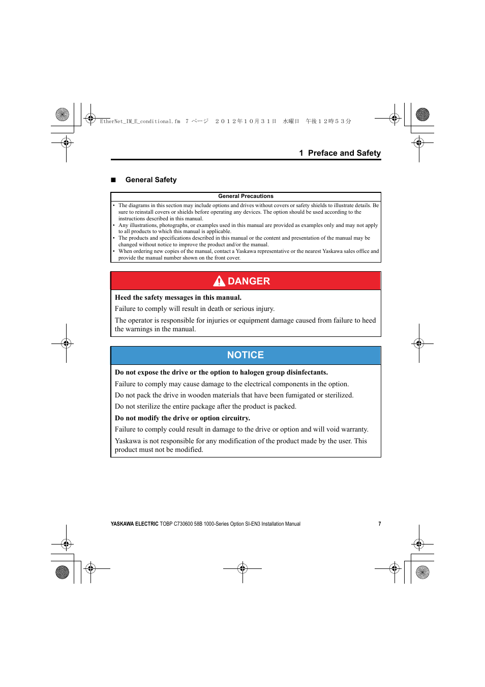 Danger, Notice | Yaskawa SI-EN3 Installation User Manual | Page 7 / 54