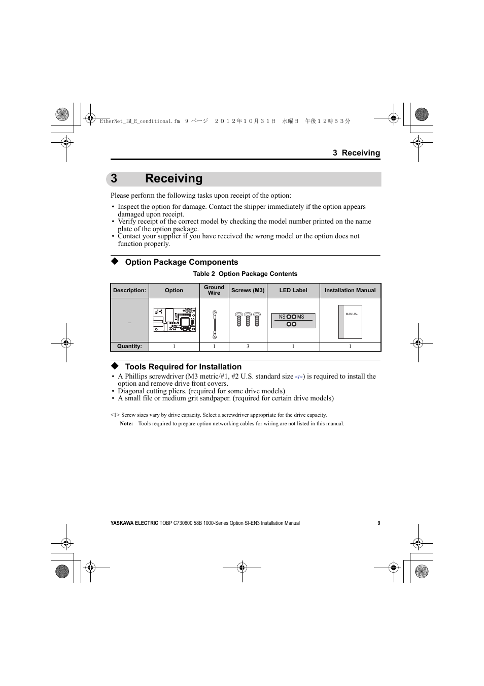 3 receiving, Option package components, Tools required for installation | 3receiving | Yaskawa SI-EN3 Installation User Manual | Page 9 / 54