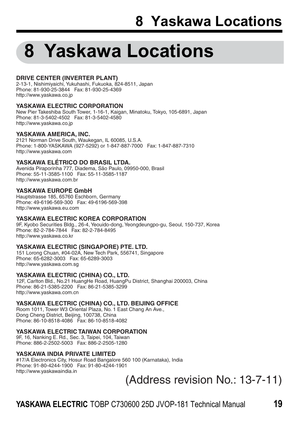 8 yaskawa locations, Yaskawa electric | Yaskawa JVOP-181 USB Copy Unit User Manual | Page 19 / 22