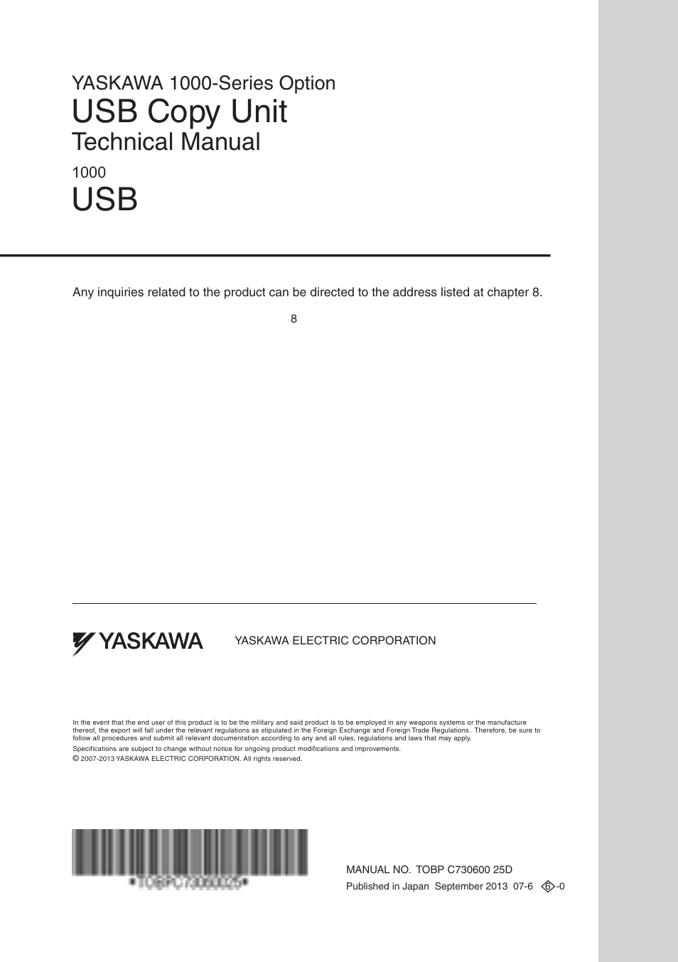 Back cover, Usb copy unit, 付きコピーユニット | Technical manual, 取扱説明書, Yaskawa 1000-series option | Yaskawa JVOP-181 USB Copy Unit User Manual | Page 22 / 22