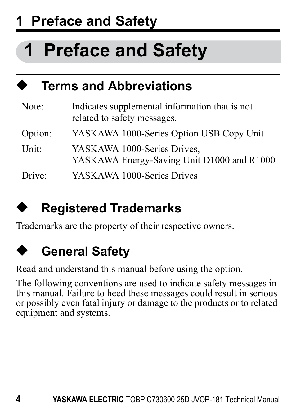 1 preface and safety, Terms and abbreviations, Registered trademarks | General safety | Yaskawa JVOP-181 USB Copy Unit User Manual | Page 4 / 22