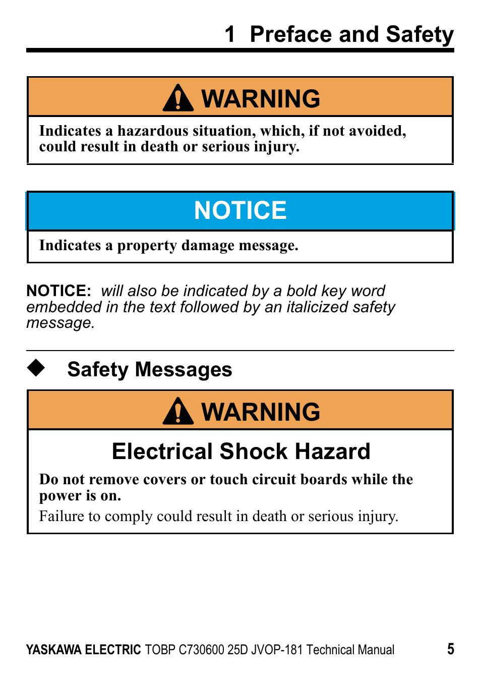 Safety messages, W arning, Notice | 1 preface and safety, Electrical shock hazard | Yaskawa JVOP-181 USB Copy Unit User Manual | Page 5 / 22