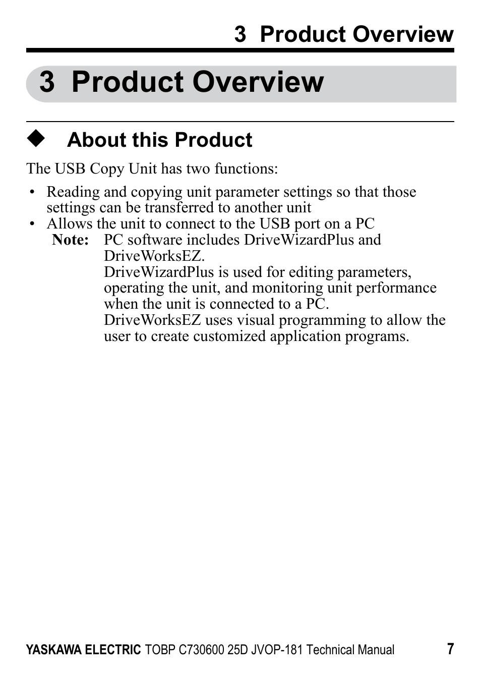 3 product overview, About this product | Yaskawa JVOP-181 USB Copy Unit User Manual | Page 7 / 22