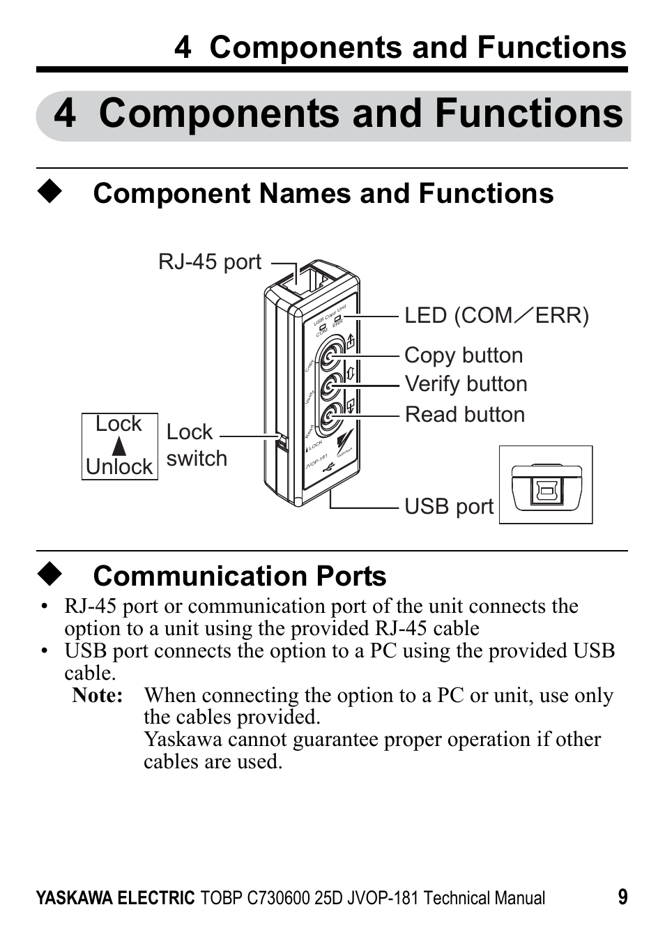 4 components and functions, Component names and functions, Communication ports | 4 components and, Functions, Lock unlock | Yaskawa JVOP-181 USB Copy Unit User Manual | Page 9 / 22