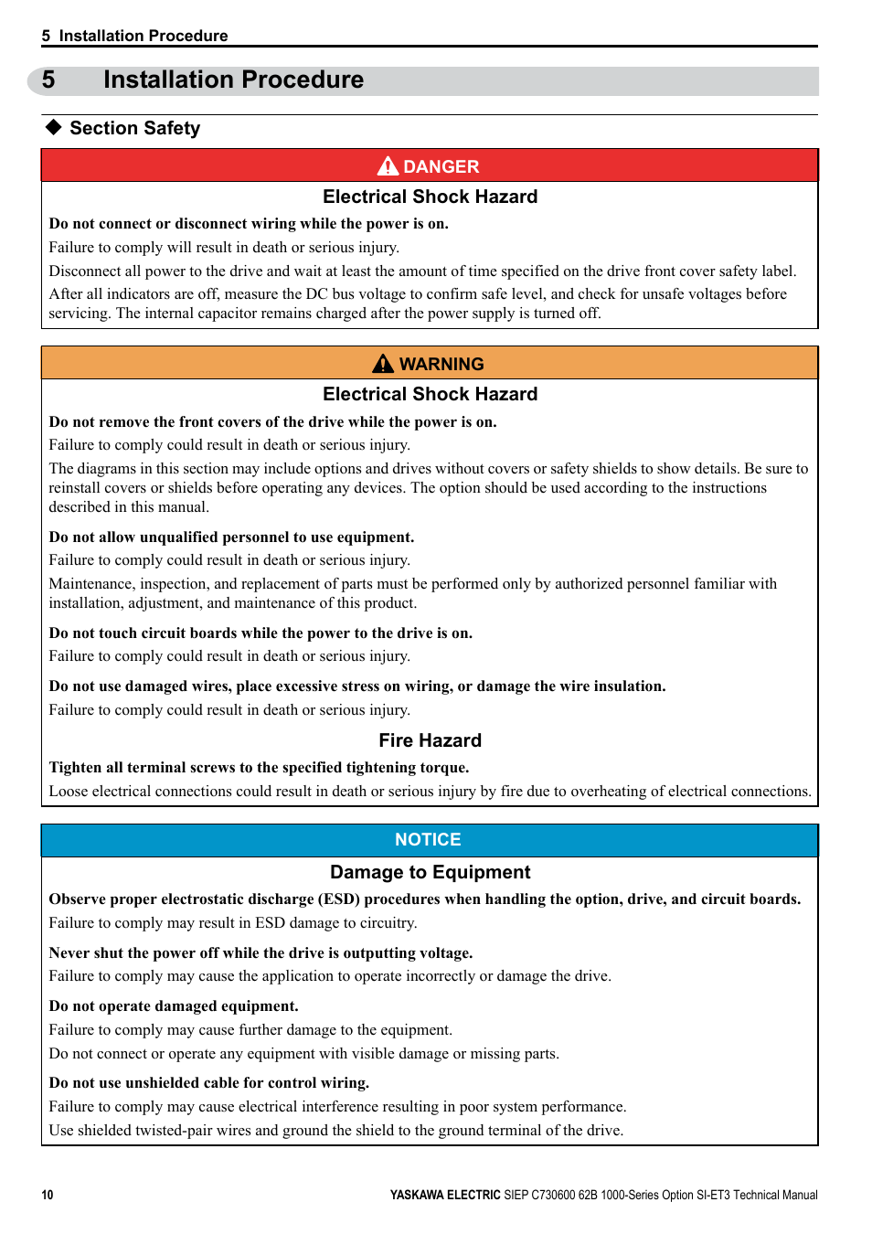 5 installation procedure, Section safety, 5installation procedure | Yaskawa SI-ET3 User Manual | Page 10 / 49