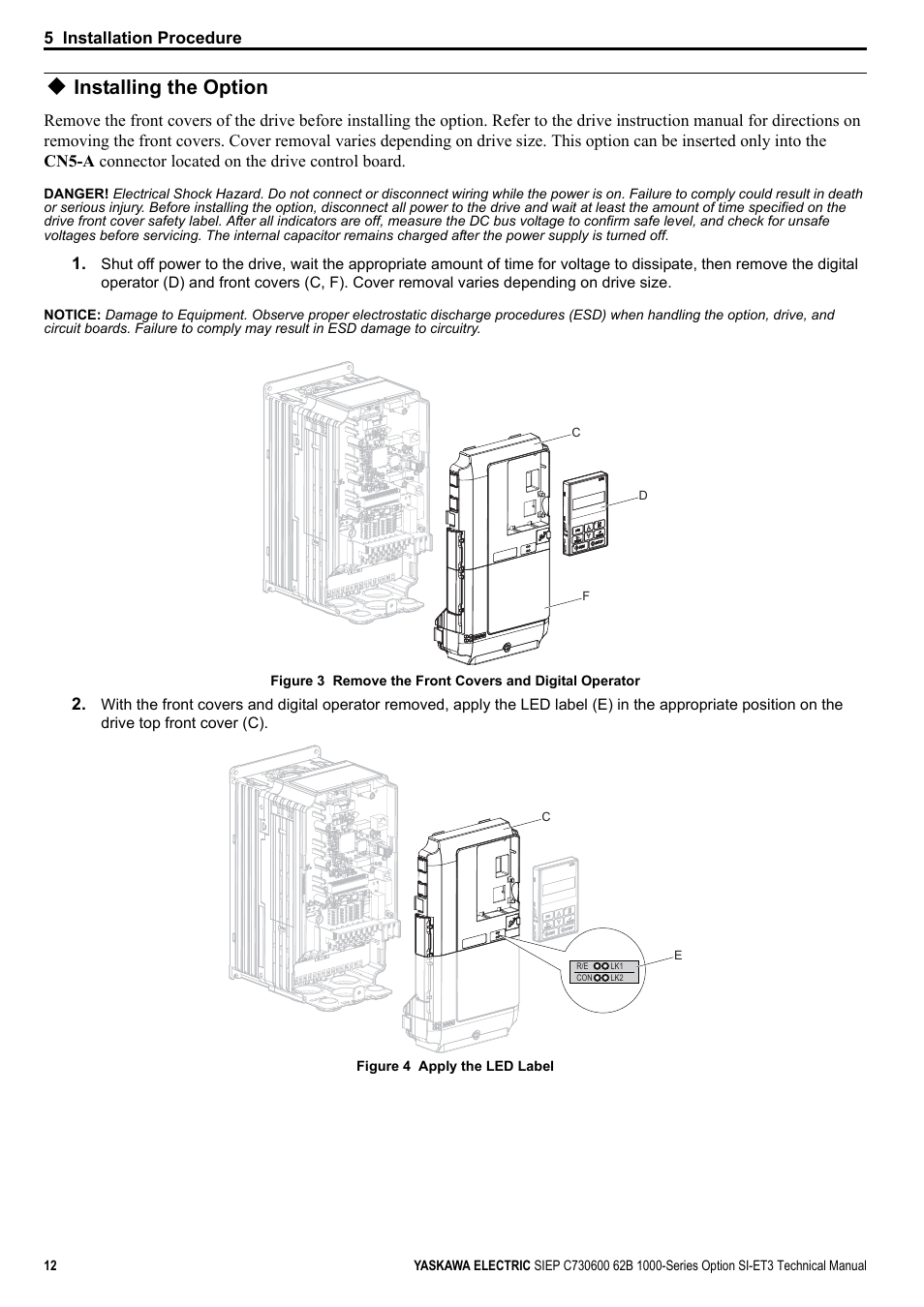 Installing the option, A1000, 5 installation procedure | Yaskawa SI-ET3 User Manual | Page 12 / 49