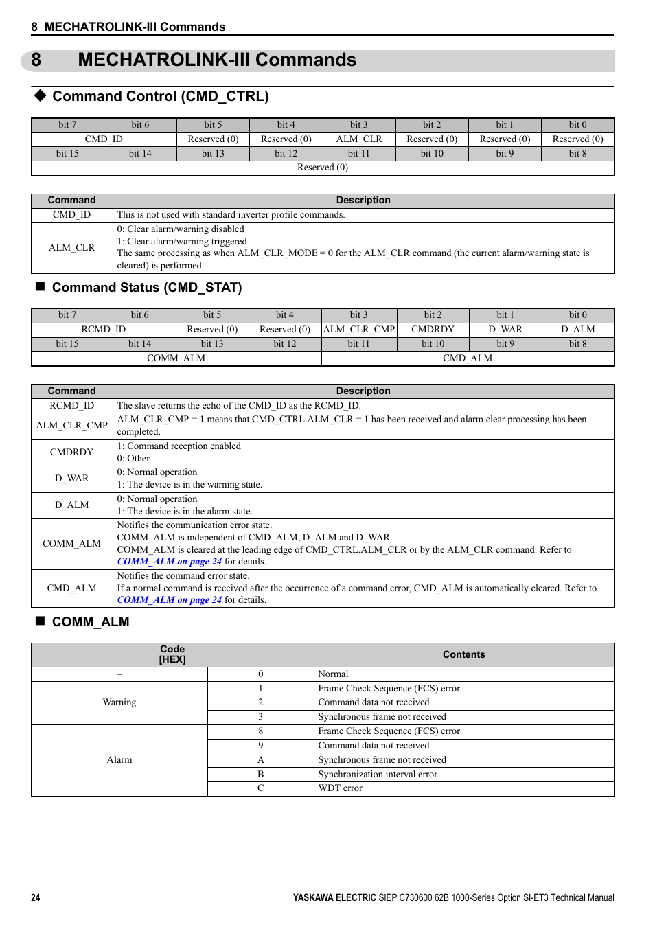 8 mechatrolink-iii commands, Command control (cmd_ctrl), 8mechatrolink-iii commands | Command status (cmd_stat), Comm_alm | Yaskawa SI-ET3 User Manual | Page 24 / 49
