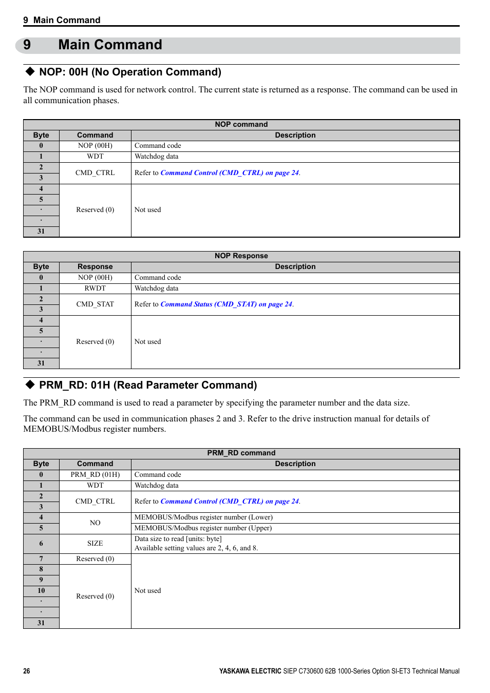 9 main command, Nop: 00h (no operation command), Prm_rd: 01h (read parameter command) | 9main command | Yaskawa SI-ET3 User Manual | Page 26 / 49