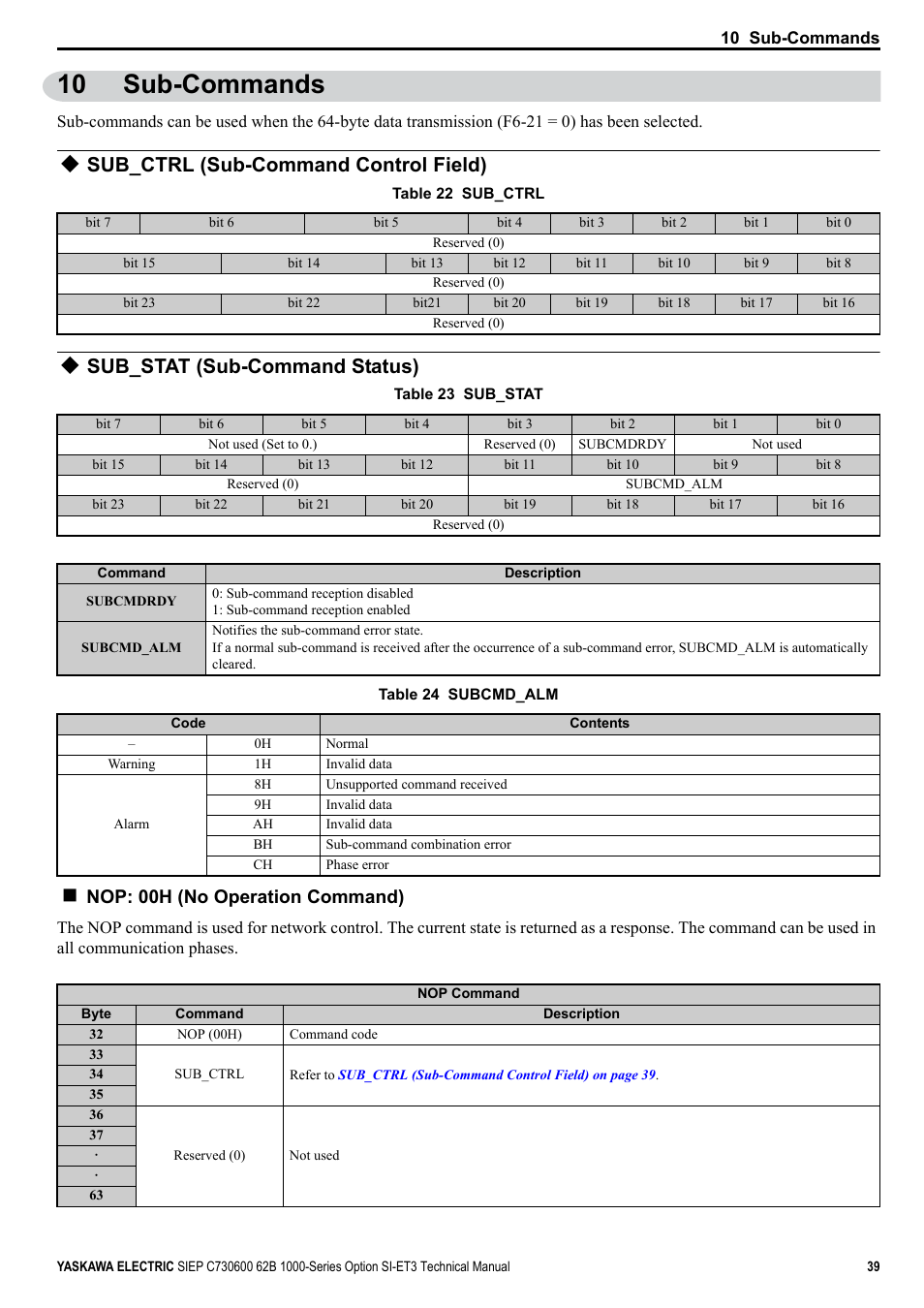10 sub-commands, Sub_ctrl (sub-command control field), Sub_stat (sub-command status) | Refer to, Sub_ctrl (sub-command control field) on, Sub_stat (sub-command status) on, Nop: 00h (no operation command) | Yaskawa SI-ET3 User Manual | Page 39 / 49