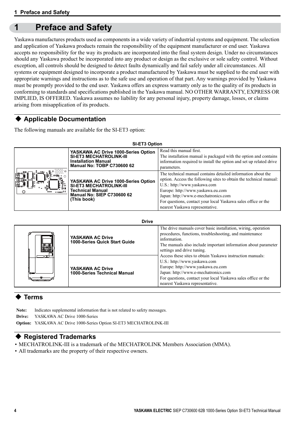 1 preface and safety, Applicable documentation, Terms | Registered trademarks, 1preface and safety | Yaskawa SI-ET3 User Manual | Page 4 / 49