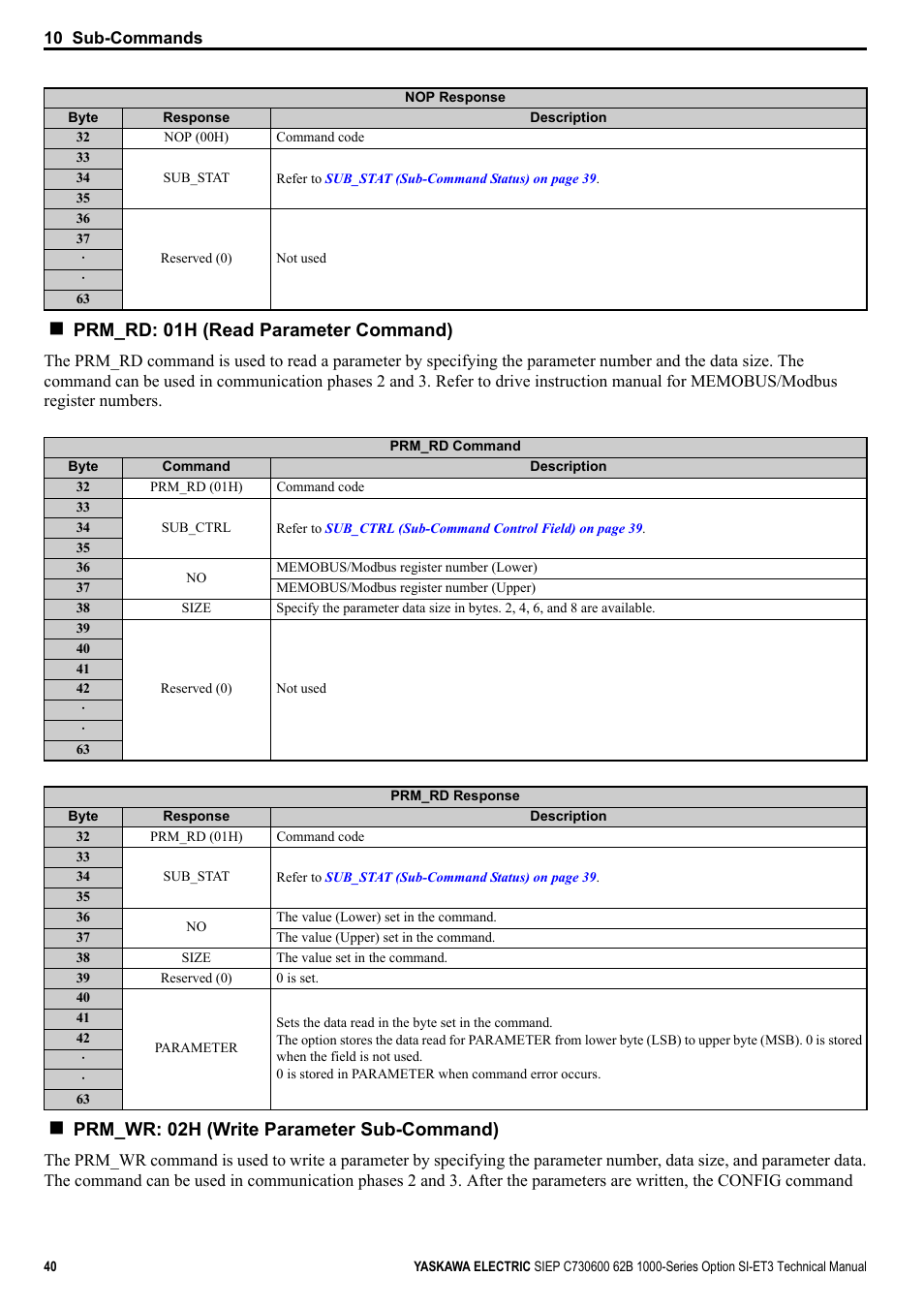 Prm_rd: 01h (read parameter command), Prm_wr: 02h (write parameter sub-command) | Yaskawa SI-ET3 User Manual | Page 40 / 49