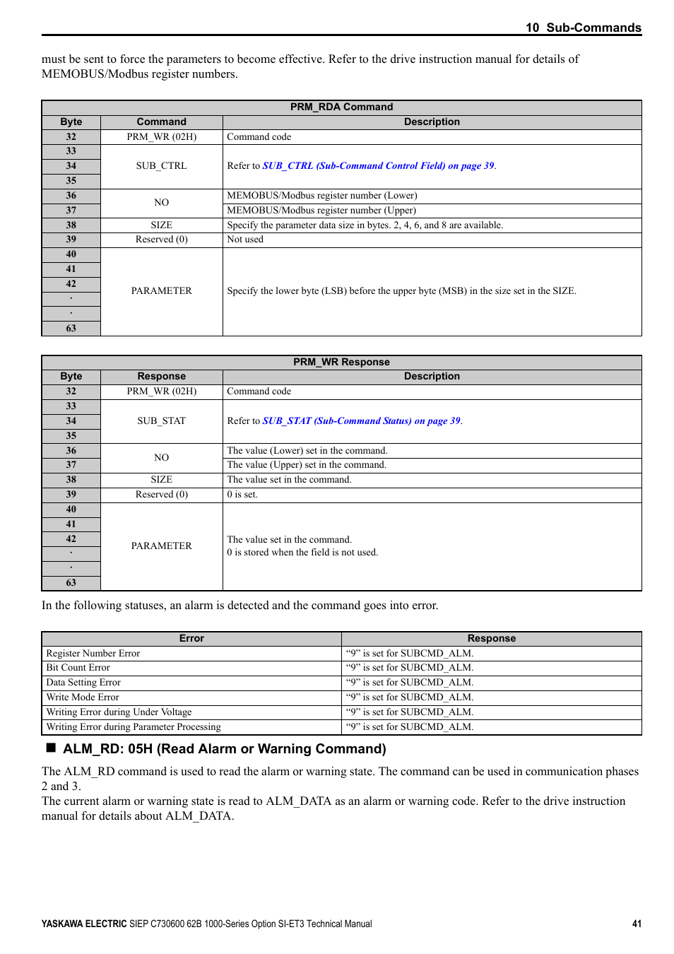 Alm_rd: 05h (read alarm or warning command) | Yaskawa SI-ET3 User Manual | Page 41 / 49